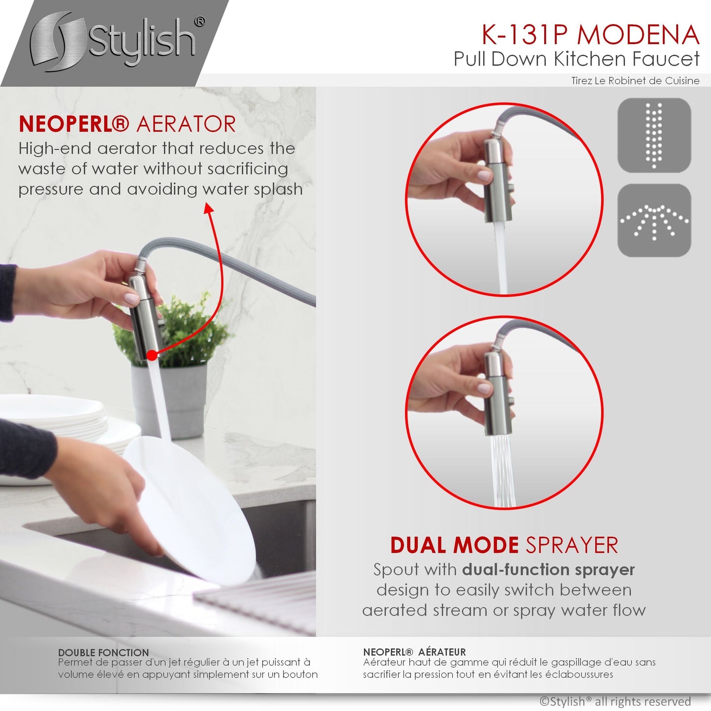 Stylish Modena 14" Kitchen Faucet Single Handle Pull Down Dual Mode Stainless Steel GunMetal Finish K-131P
