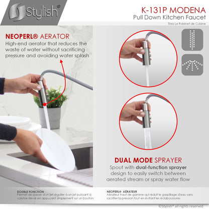 Stylish Modena 14" Kitchen Faucet Single Handle Pull Down Dual Mode Stainless Steel GunMetal Finish K-131P
