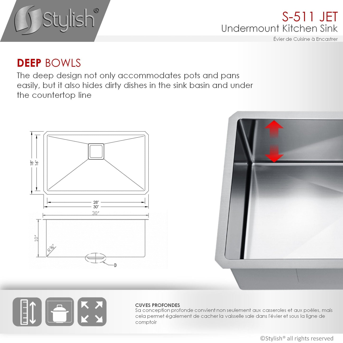 Stylish Jet 30" x 18" Single Bowl Stainless Steel Kitchen Sink with Square Strainer S-511XG