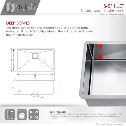 Stylish Jet 30" x 18" Single Bowl Stainless Steel Kitchen Sink with Square Strainer S-511XG
