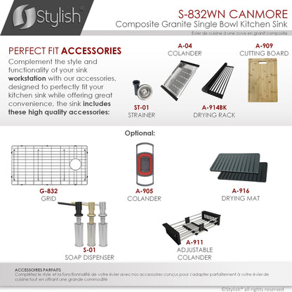 Stylish Canmore 32" x 18" Dual Mount Workstation Single Bowl Black Composite Granite Kitchen Sink with Built in Accessories