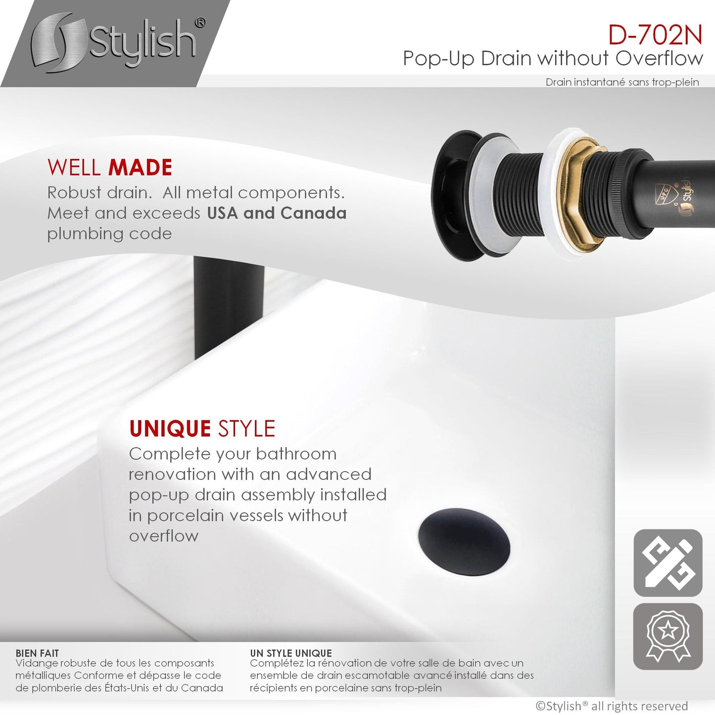 Stylish Pop-Up Drain with Overflow D-702N