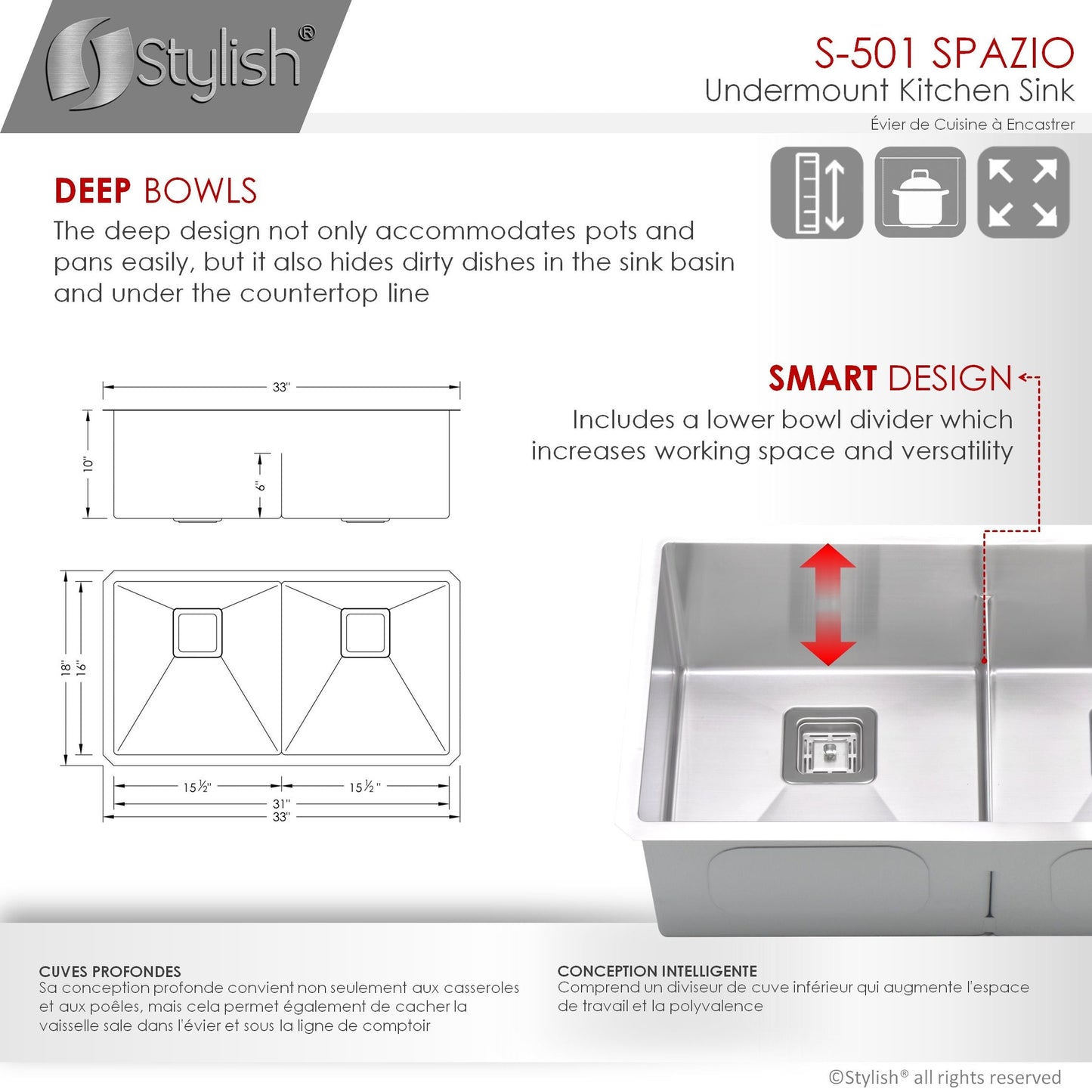 Stylish Spazio 33" x 18" Slim Low Divider Double Bowl Undermount Stainless Steel Kitchen Sink S-501XG