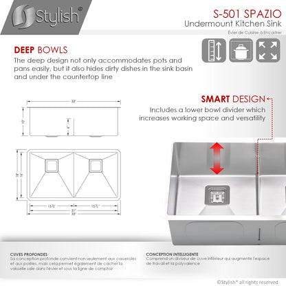 Stylish Spazio 33" x 18" Slim Low Divider Double Bowl Undermount Stainless Steel Kitchen Sink S-501XG