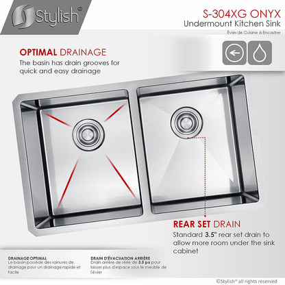 Stylish Onyx 30" x 18" Double Bowl Undermount Stainless Steel Kitchen Sink S-304XG