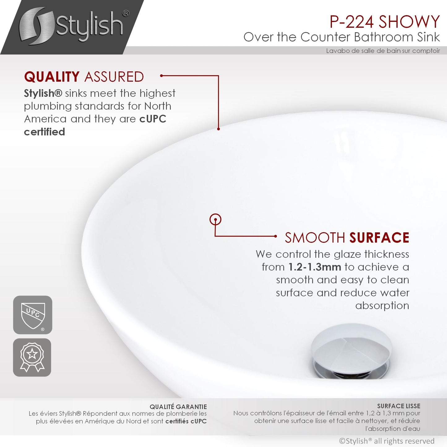 Stylish Showy 16" x 16" White Round Ceramic Vessel Bathroom Sink P-224