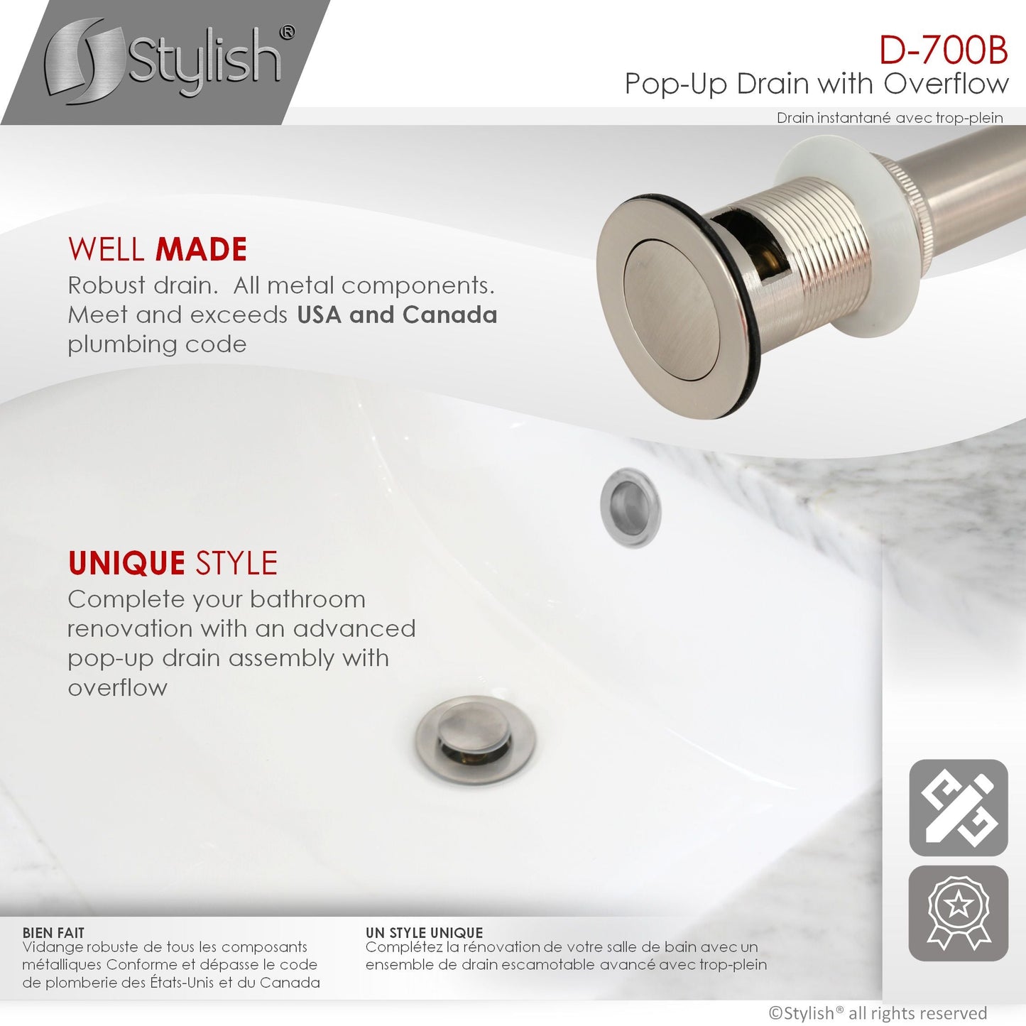 Stylish Pop-Up Drain with Overflow, Brushed Nickel Finish D-700B