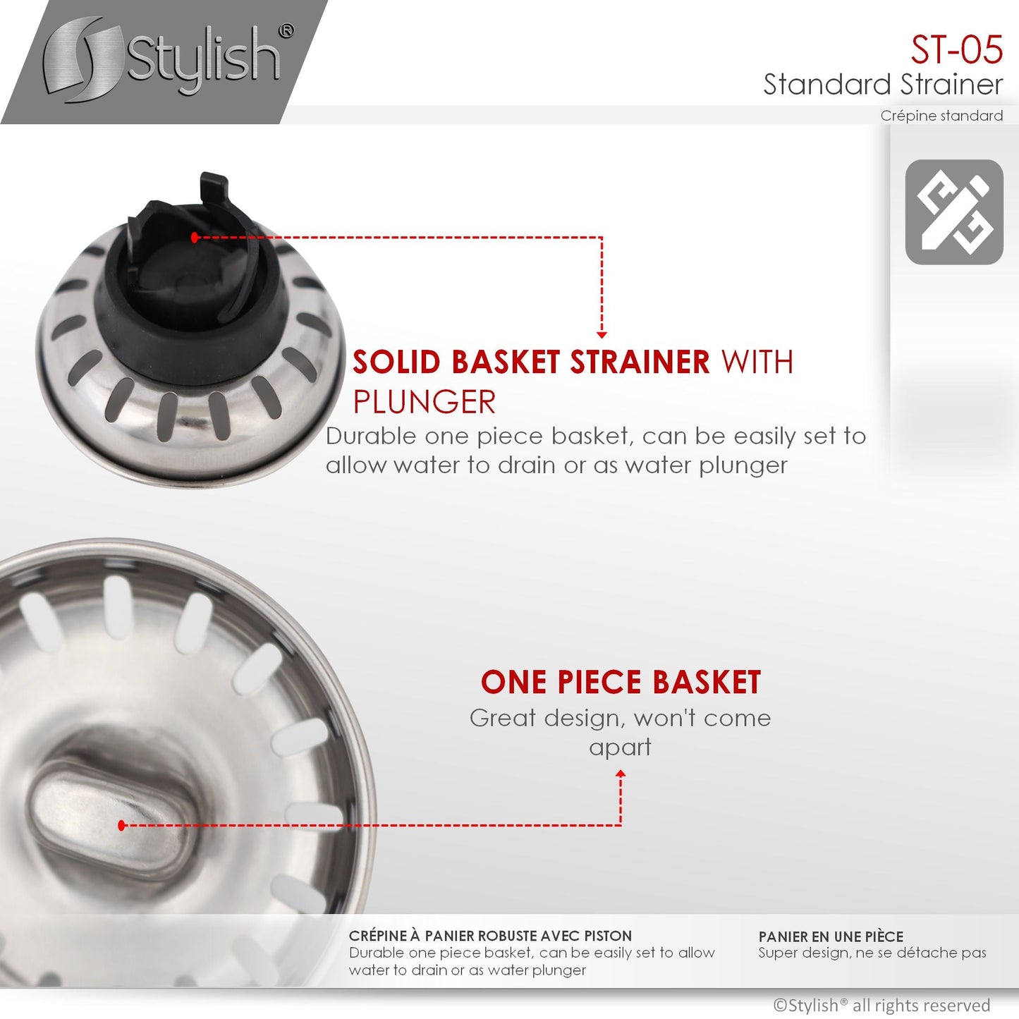 Stylish 3.5" Stainless Steel Strainer with Removable Basket, Strainer Assembly ST-05