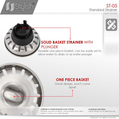Stylish 3.5" Stainless Steel Strainer with Removable Basket, Strainer Assembly ST-05