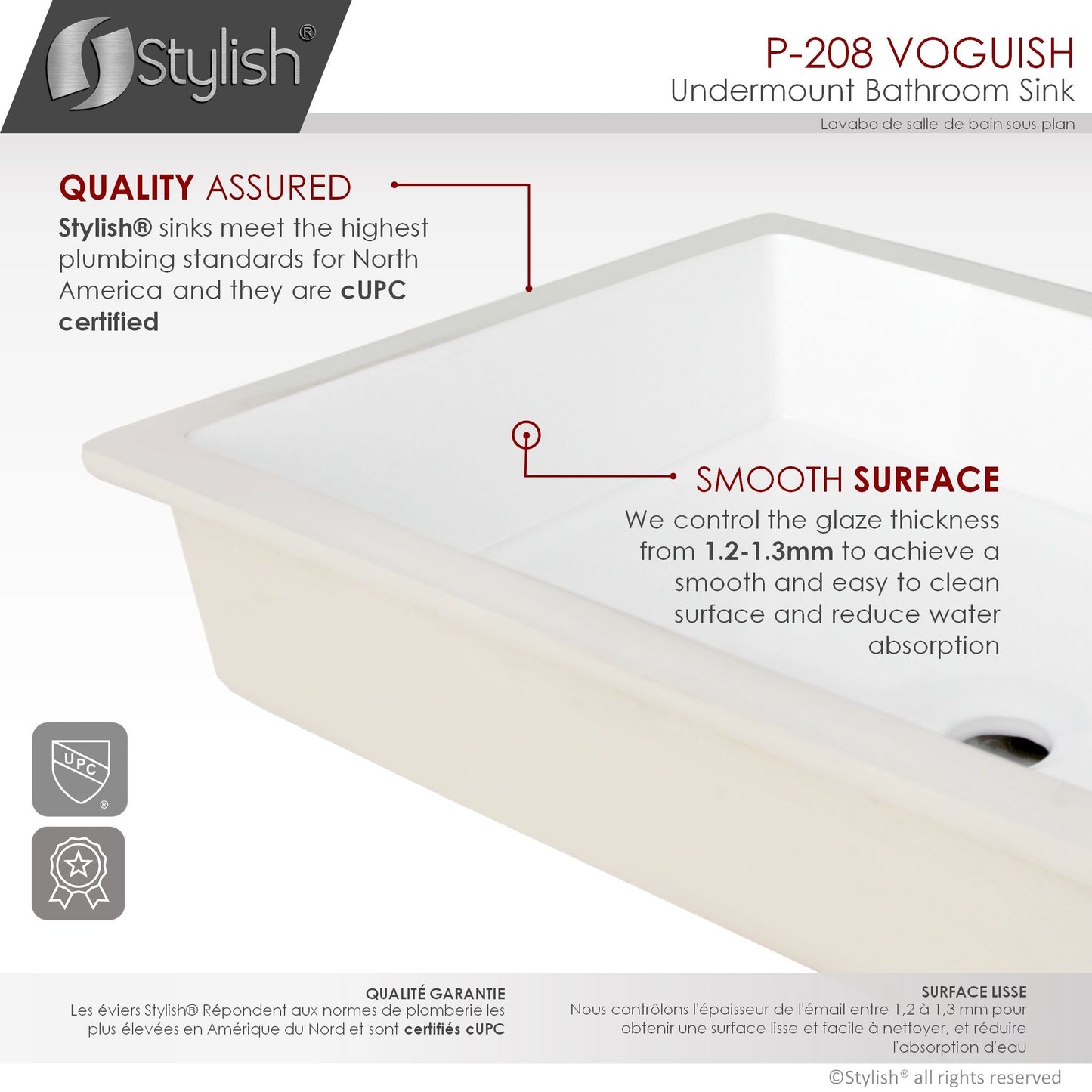 Stylish Voguish 24" x 16" Rectangular Undermount Ceramic Bathroom Sink with 2 Overflow Finishes P-208