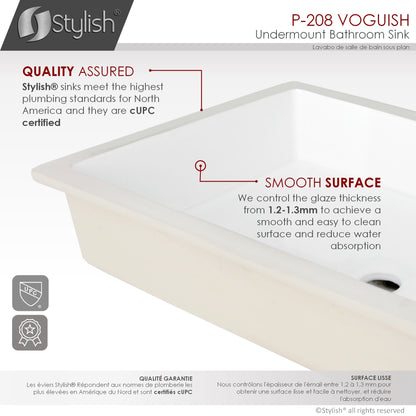 Stylish Voguish 24" x 16" Rectangular Undermount Ceramic Bathroom Sink with 2 Overflow Finishes P-208
