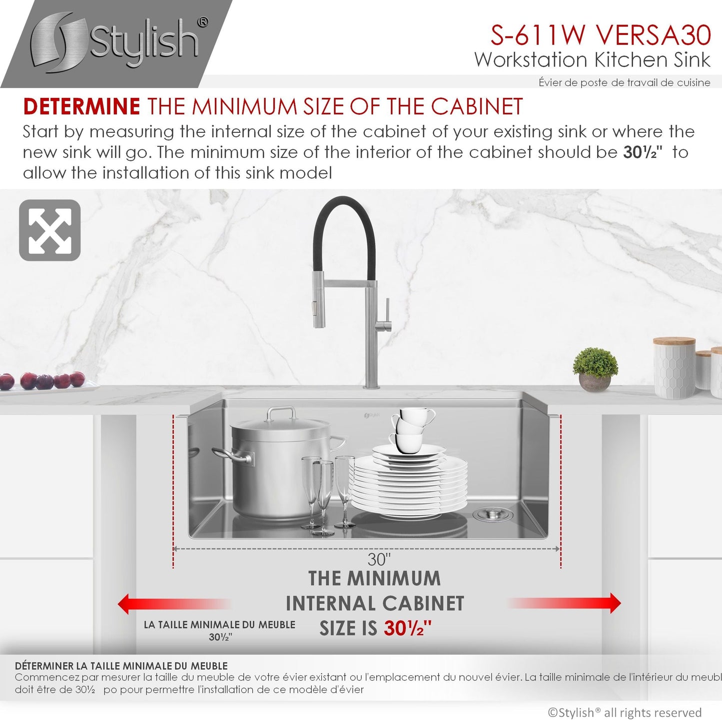 Stylish Versa30 30" x 19" Workstation Single Bowl Undermount 16 Gauge Stainless Steel Kitchen Sink with Built in Accessories S-611W