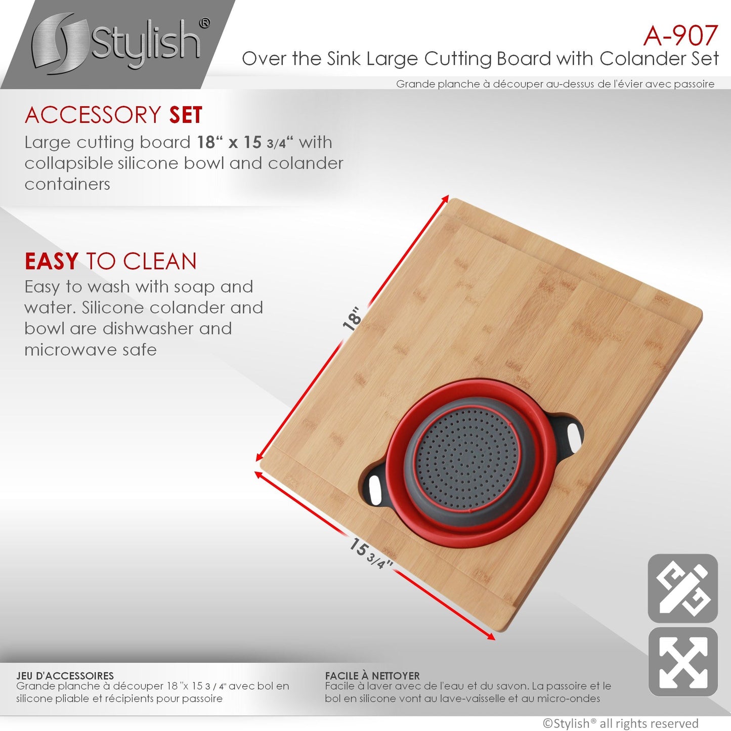 Stylish 16" Over The Sink Large Cutting Board With Colander Set A-907