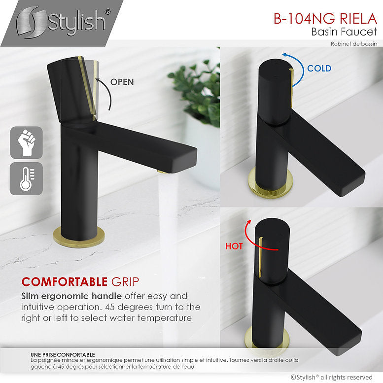 Stylish Single Handle Modern Bathroom Basin Sink Faucet in Matte Black with Gold accents Finish B-104NG
