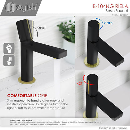 Stylish Single Handle Modern Bathroom Basin Sink Faucet in Matte Black with Gold accents Finish B-104NG