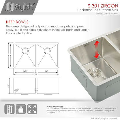 Stylish Zircon 32" x 18" Double Bowl Undermount Stainless Steel Kitchen Sink S-301G