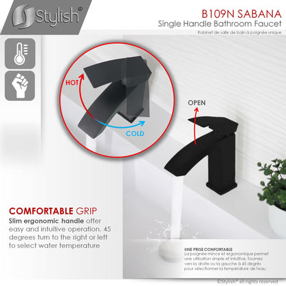 Stylish Sabana Single Handle 7" Bathroom Faucet for Single Hole Brass Basin Mixer Tap, Matte Black Finish B-109N