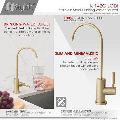 Stylish Lodi 11.25" Kitchen Drinking Water Tap Faucet, Stainless Steel Brushed Gold Finish K-142G