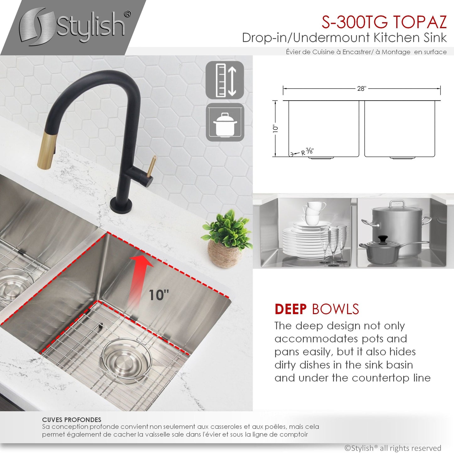 Stylish TOPAZ 28" x 18" Dual Mount Double Bowl Kitchen Sink, 18 Gauge Stainless Steel with Grids and Basket Strainers, S-300TG