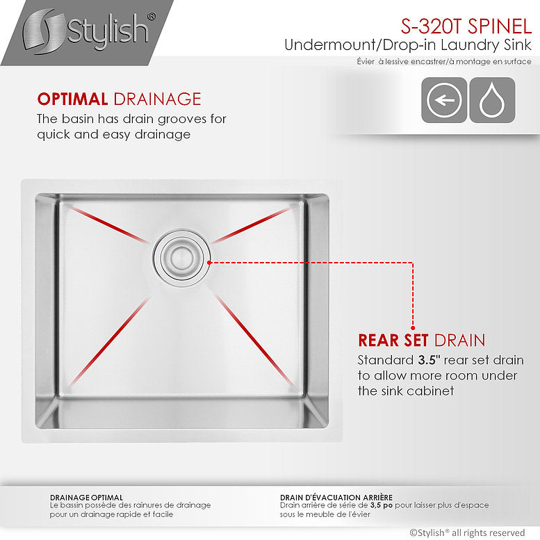 Stylish Spinel 22" x 18" Stainless Steel Single Bowl Undermount Laundry Sink S-320T