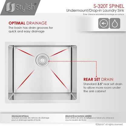 Stylish Spinel 22" x 18" Stainless Steel Single Bowl Undermount Laundry Sink S-320T