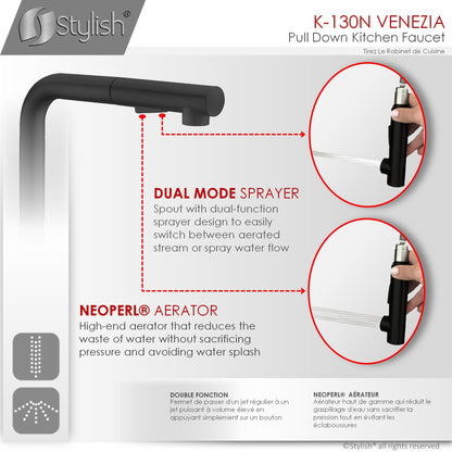 Stylish Venezia 12" Kitchen Faucet Single Handle Pull Down Dual Mode Stainless Steel, Matte Black Finish K-130N
