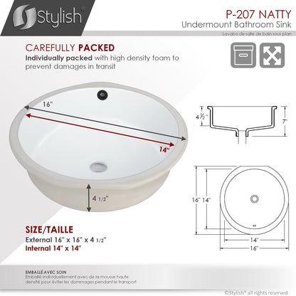 Stylish Natty 16" x 16" Round Undermount Ceramic Bathroom Sink with 2 Overflow Finishes P-207