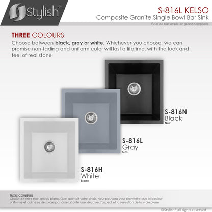 Stylish Kelso 15.5" x 17.5" Dual Mount Single Bowl Gray Composite Granite Kitchen Sink with Strainer