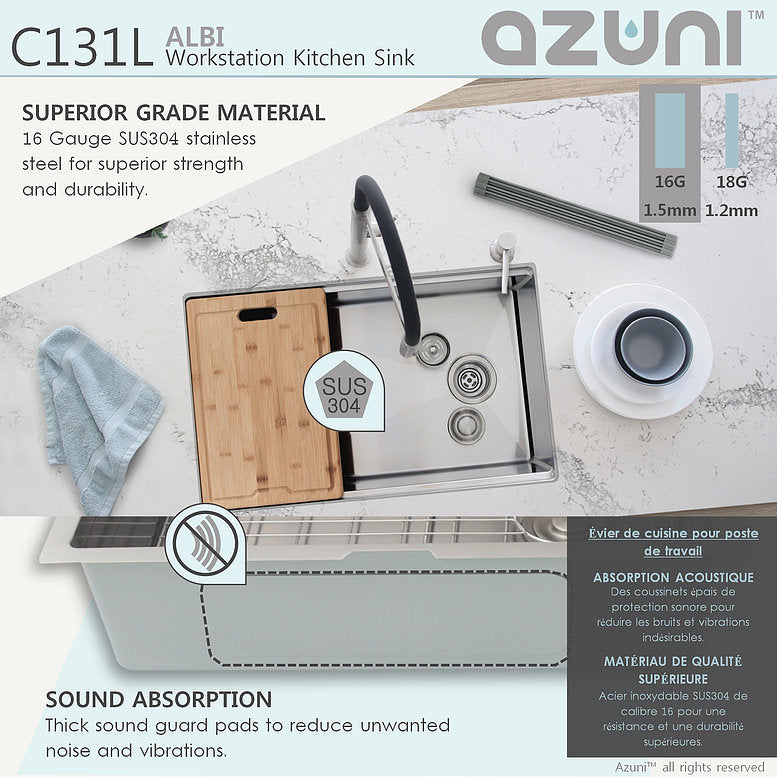 Stylish Azuni Albi 30" x 19" Reversible Undermount Workstation Single Bowl Kitchen Sink C131L