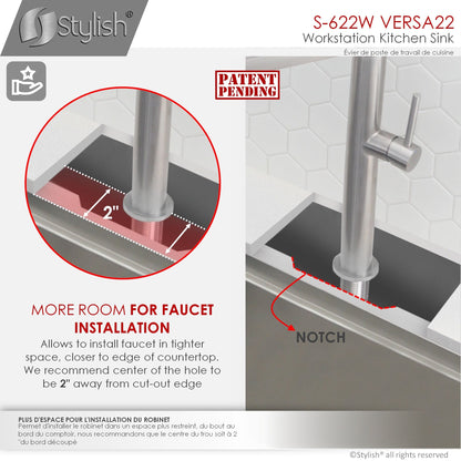 Stylish Versa22 22" x 19" Workstation Single Bowl Undermount 16 Gauge Stainless Steel Kitchen Sink with Built in Accessories S-622W
