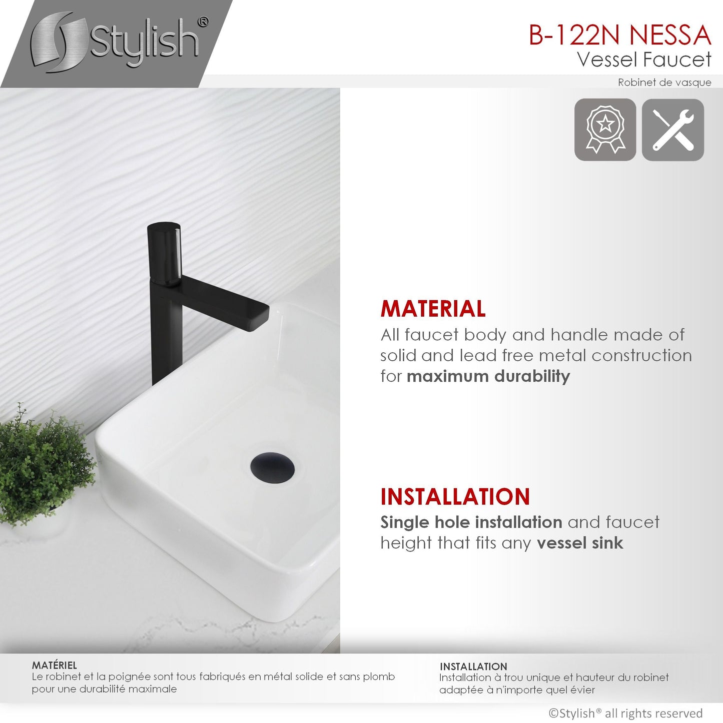 Stylish Nessa Single Handle 12" Bathroom Vessel Sink Faucet, Matte Black Finish B-122NC