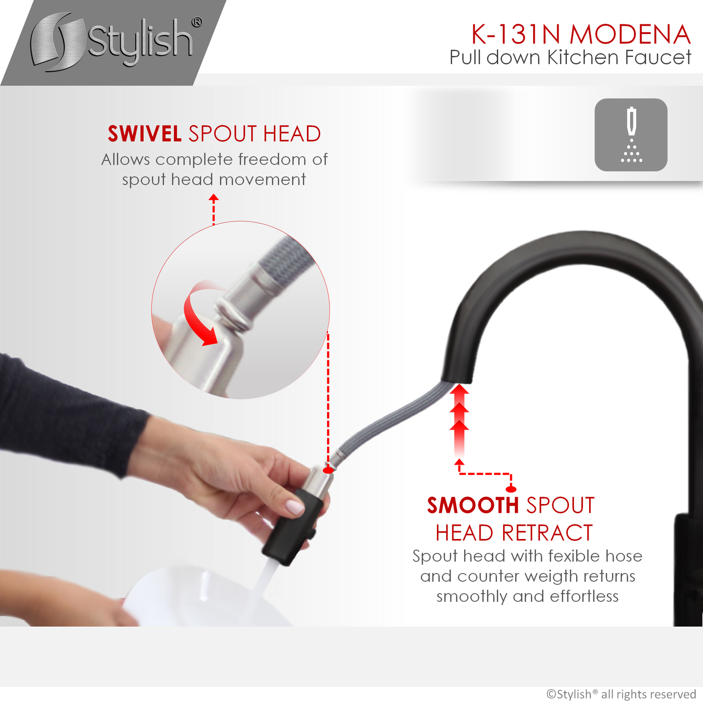 Stylish Modena 14" Kitchen Faucet Single Handle Pull Down Dual Mode Stainless Steel Matte Black Finish K-131N