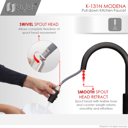 Stylish Modena 14" Kitchen Faucet Single Handle Pull Down Dual Mode Stainless Steel Matte Black Finish K-131N