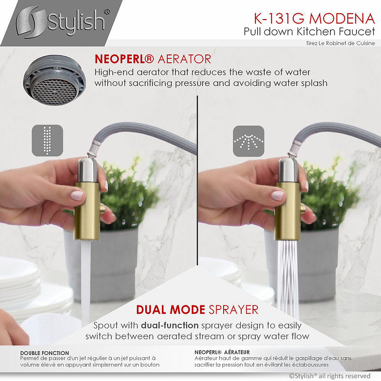 Stylish Modena 14" Kitchen Faucet Single Handle Pull Down Dual Mode Stainless Steel Gold Finish K-131G