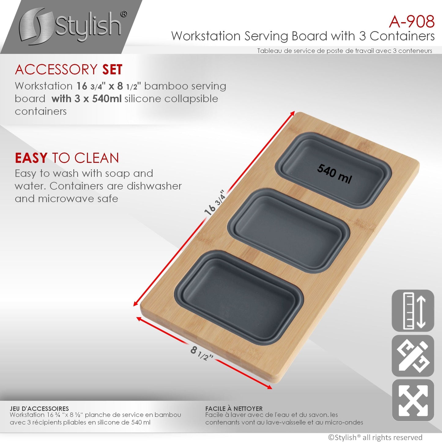 Stylish Workstation Serving Board With 3 Containers A-908
