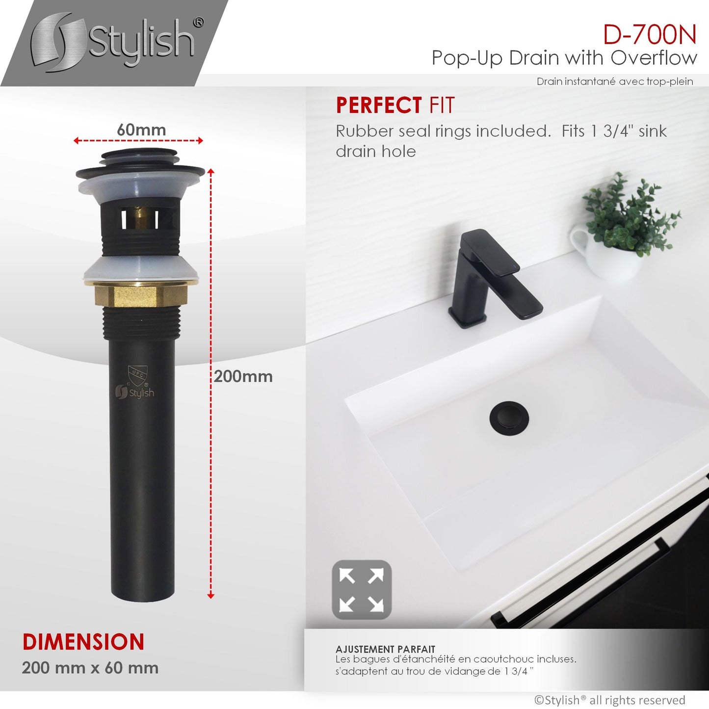 Stylish Pop-Up Drain with Overflow, Matte Black Finish D-700N