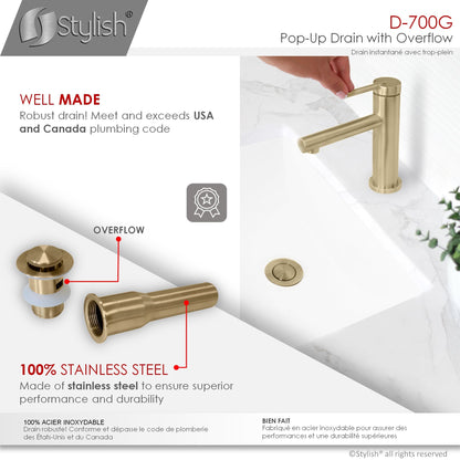 Stylish Stainless Steel Bathroom Sink Pop-Up Drain with Overflow D-700G