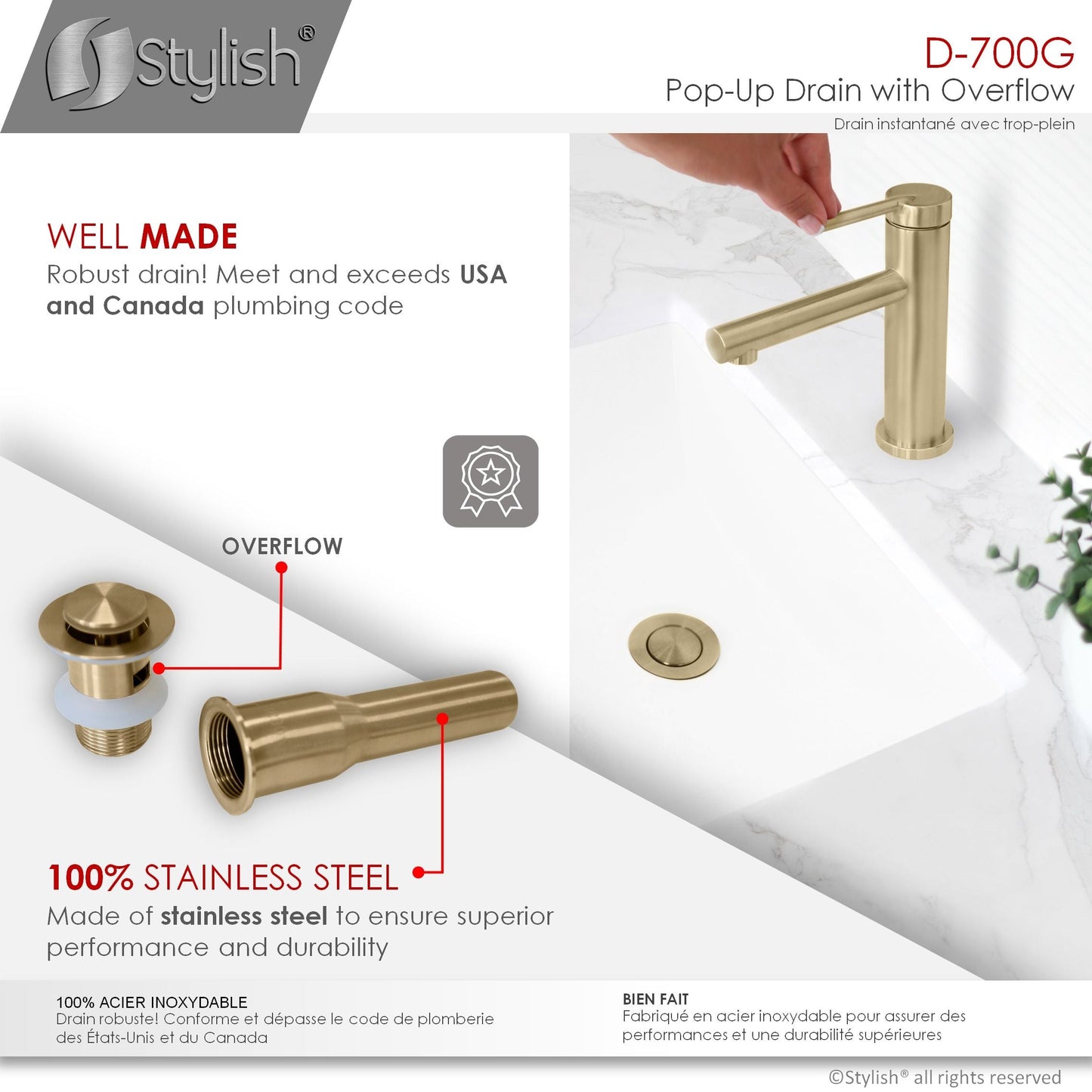 Stylish Stainless Steel Bathroom Sink Pop-Up Drain with Overflow D-700G