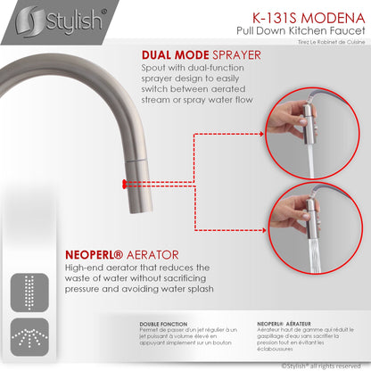 Stylish Modena 14" Kitchen Faucet Single Handle Pull Down Dual Mode Stainless Steel Brushed Finish K-131S
