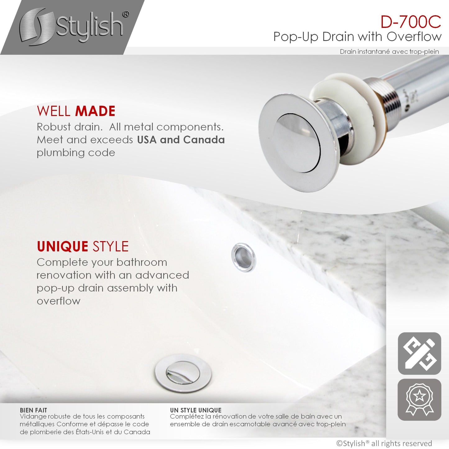 Stylish Pop-Up Drain with Overflow, Polished Chrome Finish D-700C