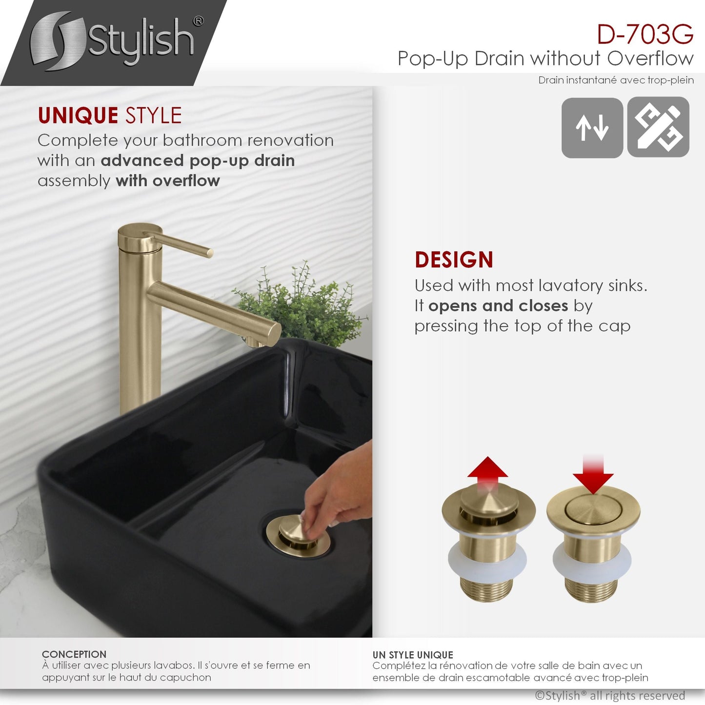 Stylish Stainless Steel Bathroom Sink Pop-Up Drain without Overflow Brushed Gold Finish D-703G