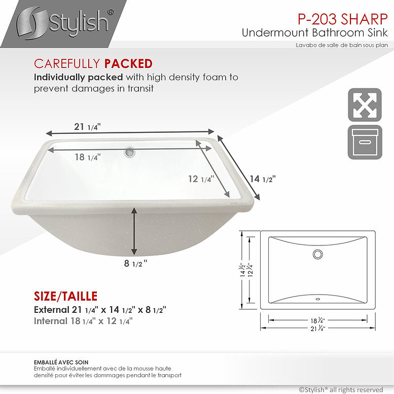Stylish Sharp 21.25" x 14.5" Rectangular Undermount Bathroom Sink with Overflow Polished Chrome P-203
