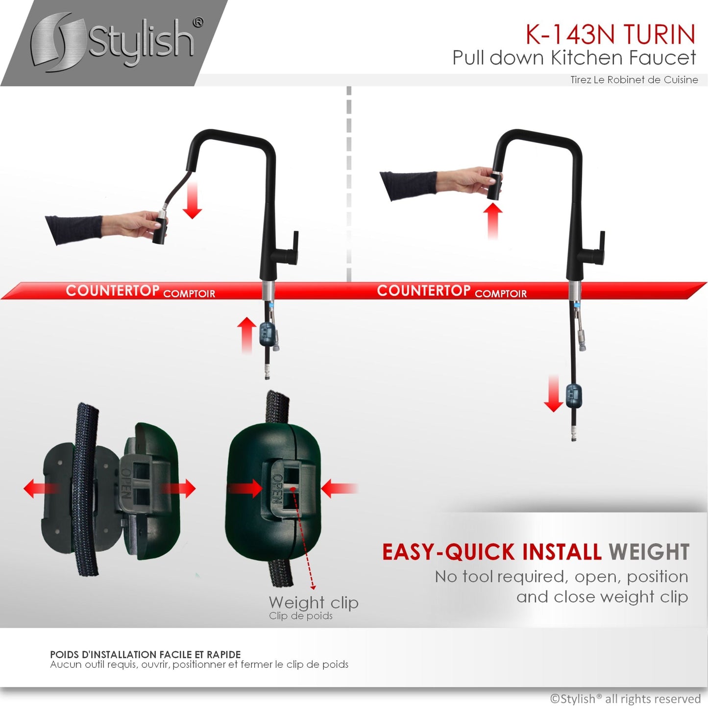 Stylish Turin 17" Kitchen Faucet Single Handle Pull Down Dual Mode Lead Free Matte Black K-143N