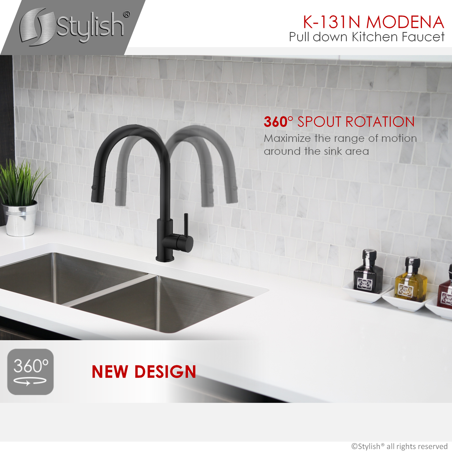 Stylish Modena 14" Kitchen Faucet Single Handle Pull Down Dual Mode Stainless Steel Matte Black Finish K-131N