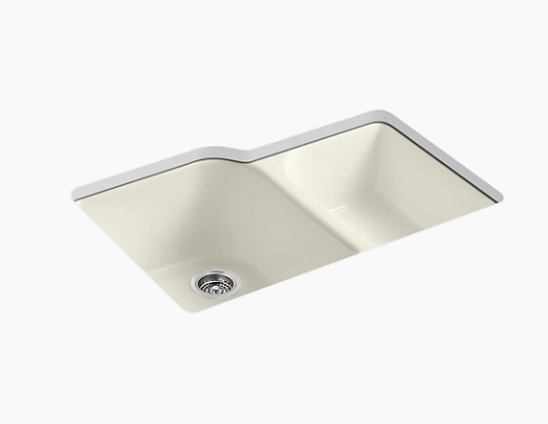 Kohler Executive Chef 33" X 22" X 10-5/8" Undermount Large/medium, High/low Double-bowl Kitchen Sink With 4 Oversize Faucet Holes - Biscuit