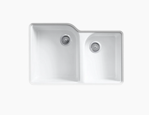 Kohler Executive Chef 33" X 22" X 10-5/8" Undermount Large/medium, High/low Double-bowl Kitchen Sink With 4 Oversize Faucet Holes - Biscuit