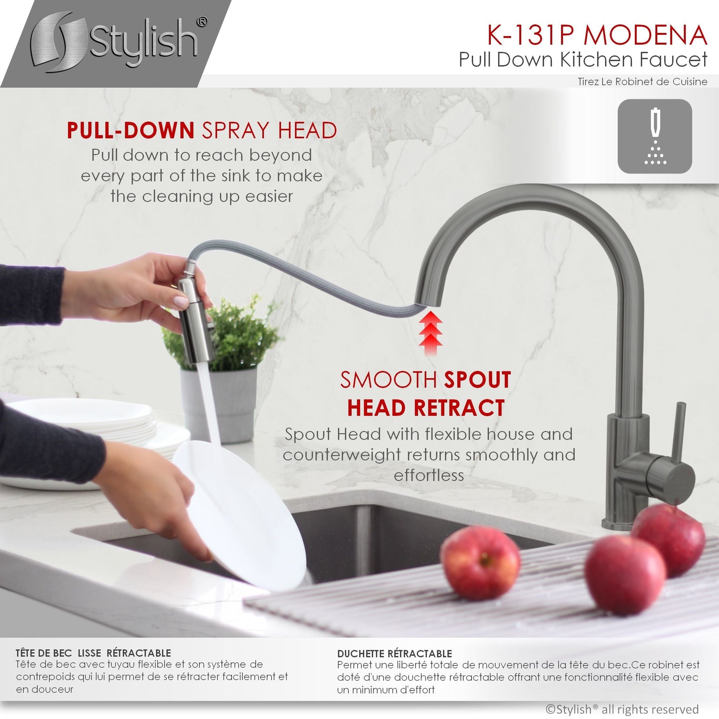 Stylish Modena 14" Kitchen Faucet Single Handle Pull Down Dual Mode Stainless Steel GunMetal Finish K-131P