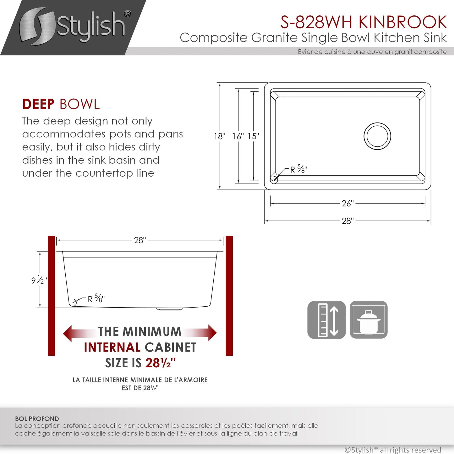 Stylish Kinbrook 28" x 18" Dual Mount Workstation Single Bowl White Composite Granite Kitchen Sink with Built in Accessories