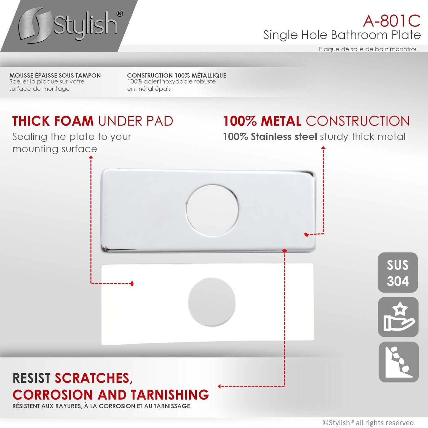 Stylish Single Hole Bathroom Faucet Plate in Polished Chrome Finish A-801C