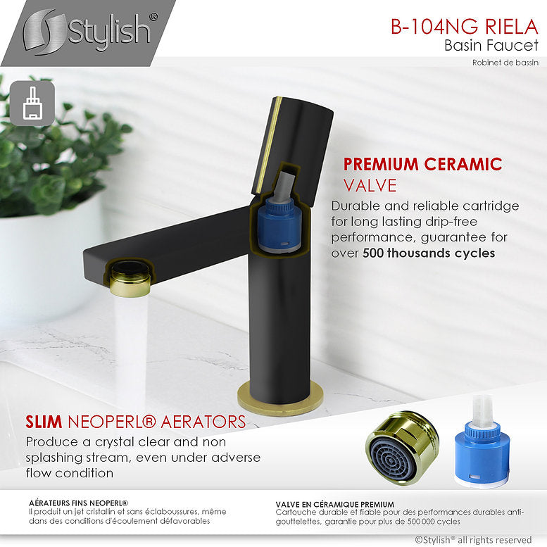 Stylish Single Handle Modern Bathroom Basin Sink Faucet in Matte Black with Gold accents Finish B-104NG
